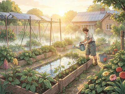 Morning in a community allotment — mist on the beds, one early gardener with a w