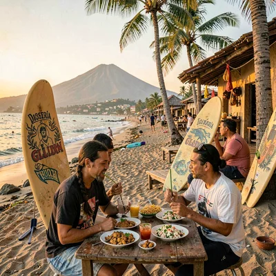 Pupusería golden hour in El Salvador, Surfers eating fresh ceviche at a beachsid