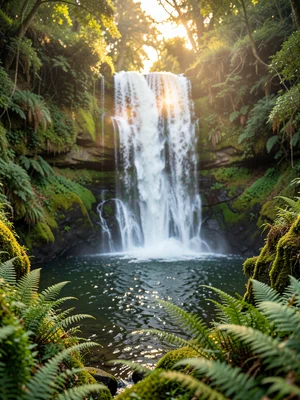 Waterfall cascading into a pool surrounded by lush green moss and ferns
