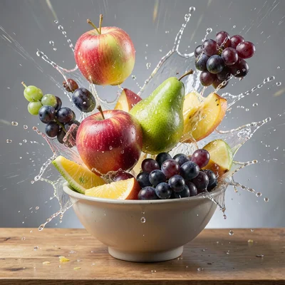 Fruit bowl where fruits are frozen mid-explosion outward, apple, pear, grapes su