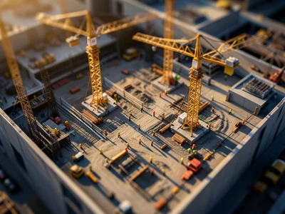 Construction site from above, cranes and workers as toy models, tilt-shift blur