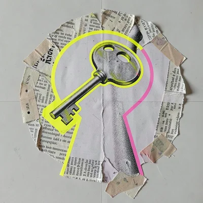 Floating above a torn keyhole shape, a halftone photographic key hovers with bri
