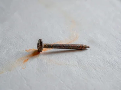 A solitary rusted nail laid horizontal on white-grey paper, oxide bloom blooming