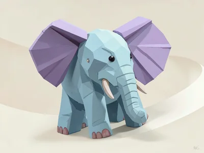 Trunked sky-blue lowpoly elephant with chunky lavender ear panels and a dusty-pi