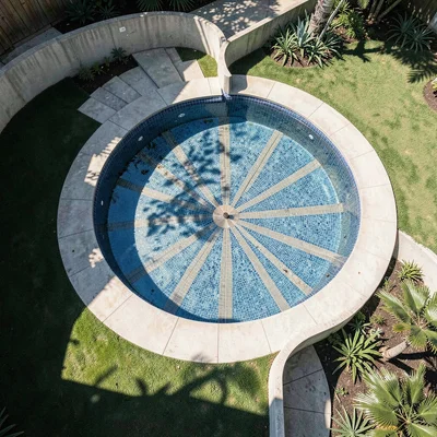 Bird's-eye view of circular pool deck, mosaic tiles radiating from center, surro
