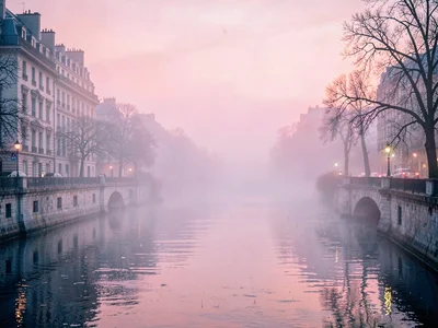Dawn warming cold fog creating pink tones
