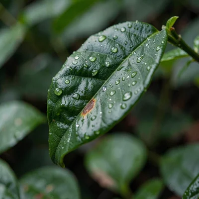 A single coffee leaf coated in fine morning dew, deep emerald with a single rust