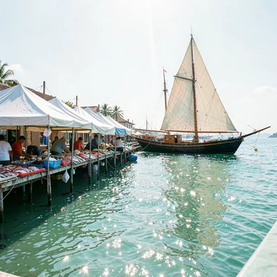 Brilliant Indian Ocean noon light in Dar es Salaam, Fish market stalls under whi