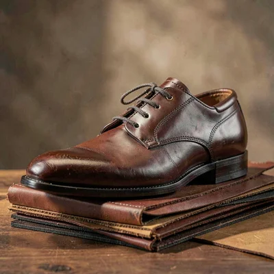 Hero shot of a polished oxford on a stack of leather offcuts, soft shadow
