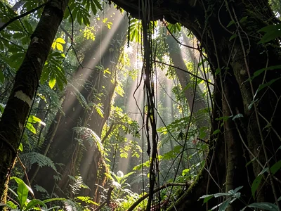Vine cascade illuminated by filtered canopy light