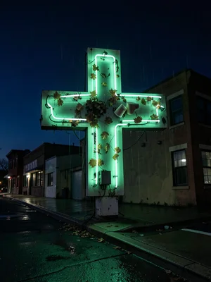 A pharmacy cross sign on a corner building, the plus-shape made of green neon wi