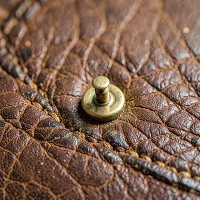 Macro of a brass rivet set into thick leather, subtle wear and patina