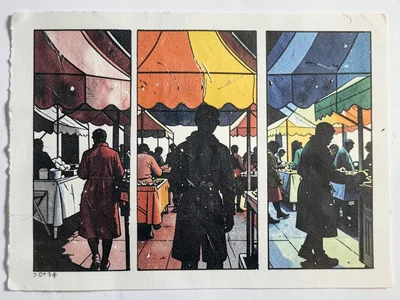 Street market in three colors — awning shapes, figure silhouettes, shadow as fin