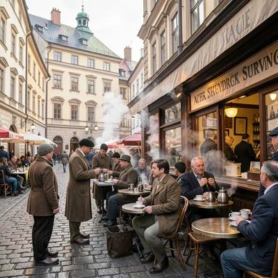 Habsburg café warmth surviving in Lviv, Ukraine, morning market on medieval squa