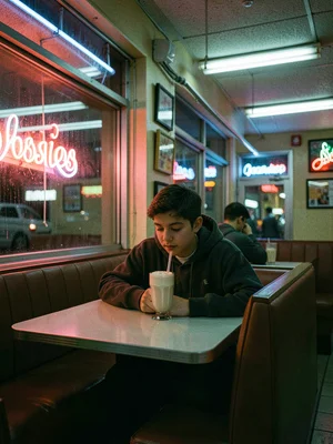 Teenager alone in diner booth with milkshake