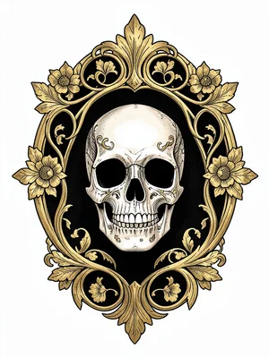 Day of the Dead skull with Art Nouveau floral frame, intricate linework, gold le