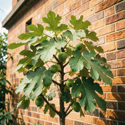 A fig tree against a south-facing brick wall with unripe green figs and large pa