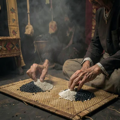 Dense atmospheric mist, rich earthy textures, Hands sorting black and white seed
