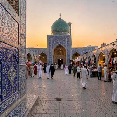 Samarkand blue majolica against Central Asian terracotta, Registan square at daw