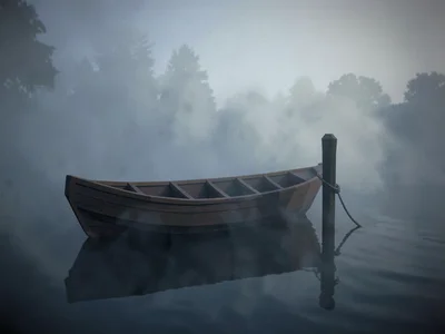 A faceted wooden rowboat tied to a single dock post slowly being swallowed by gr
