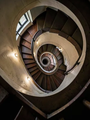 Stairwell spiraling with exaggerated perspective