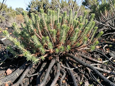 Mediterranean herbs resprouting from charred roots