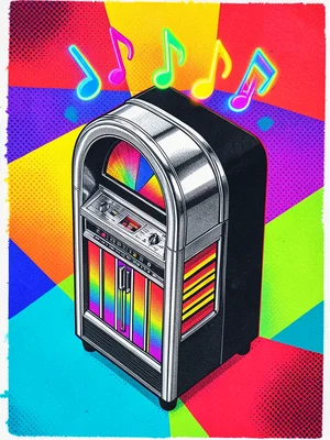 A jukebox in isometric view, chrome details in silver screen print, the front pa