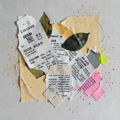 Torn-paper collage of overlapping receipt silhouettes drifting like leaves, half