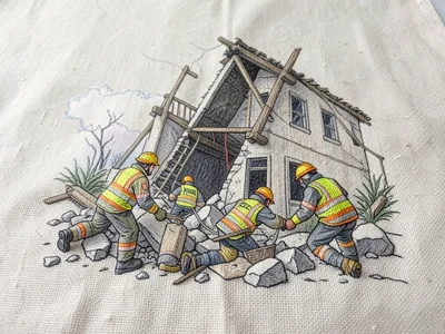 A collapsed building with rescue workers in high-vis vests picking through rubbl