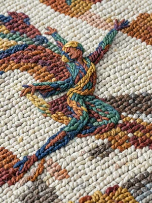 A dancer mid-leap, their body a flowing composition of cut and loop pile