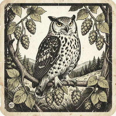 Craft beer label illustration, Great horned owl perched on hop vine , brewery la
