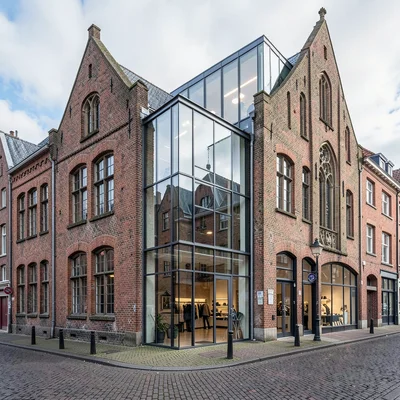 Medieval-modern temporal collision, Ghent layers, Steel and glass extension on b