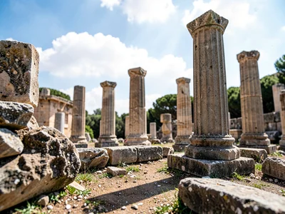 Ancient ruins from near stones to far columns