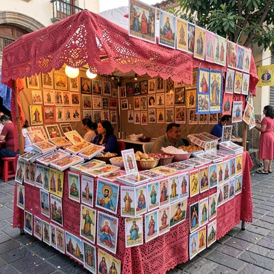 A Mexican mercado booth with every inch covered in papel picado, saints, loteria