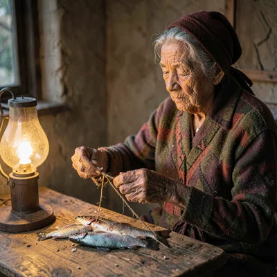 A wistful Indigenous grandmother in her seventies stringing fish to dry, lamp gl