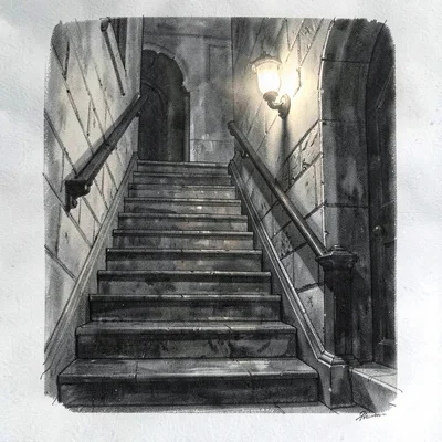 Charcoal study of a historic stair rising into shadow, single warm sconce on the