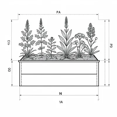 Blueprint elevation of a raised herb bed with dimensions, fine compass marks