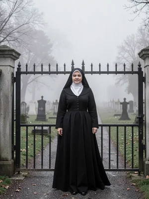 Woman in mourning dress standing at cemetery gates, fog erasing everything behin
