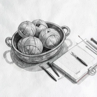 Editorial charcoal of a tray of wool skeins beside a needlepoint kit