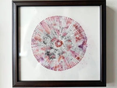 Spore print preserved with fixative spray, permanent artwork under glass, framed