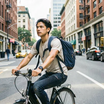 Documentary photography, unposed moment, Person biking to work in urban setting,