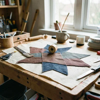 Wide cutting-table photo of a maker laying out hand-cut patches in a star patter