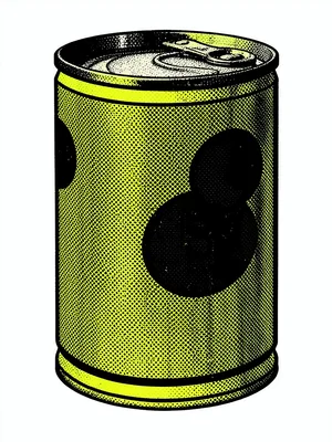 Classic soup can product shot, massive halftone dots visible across the surface