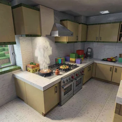 Voxel 3D illustration, voxel kitchen with cooking food , cubic voxel constructio