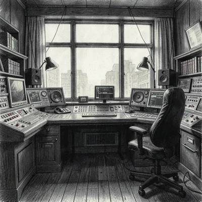 Editorial charcoal of a control room window into a narration booth, deep blacks