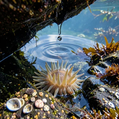 Tide pool reflection shattered by a drip from overhanging rock, concentric rippl