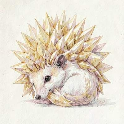 Compact citrine lowpoly hedgehog curled into a faceted ball, golden spines reduc