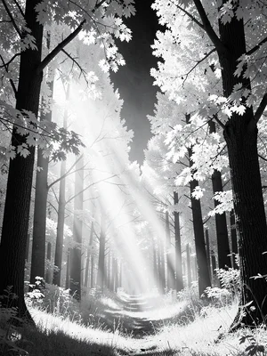 A forest interior — shafts of white-lit foliage glowing between dark tree trunks
