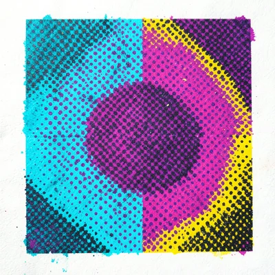 Extreme halftone dot closeup from screenprint, showing where cyan and magenta do