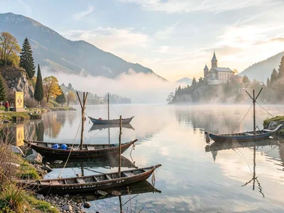 Fishing boats in morning mist